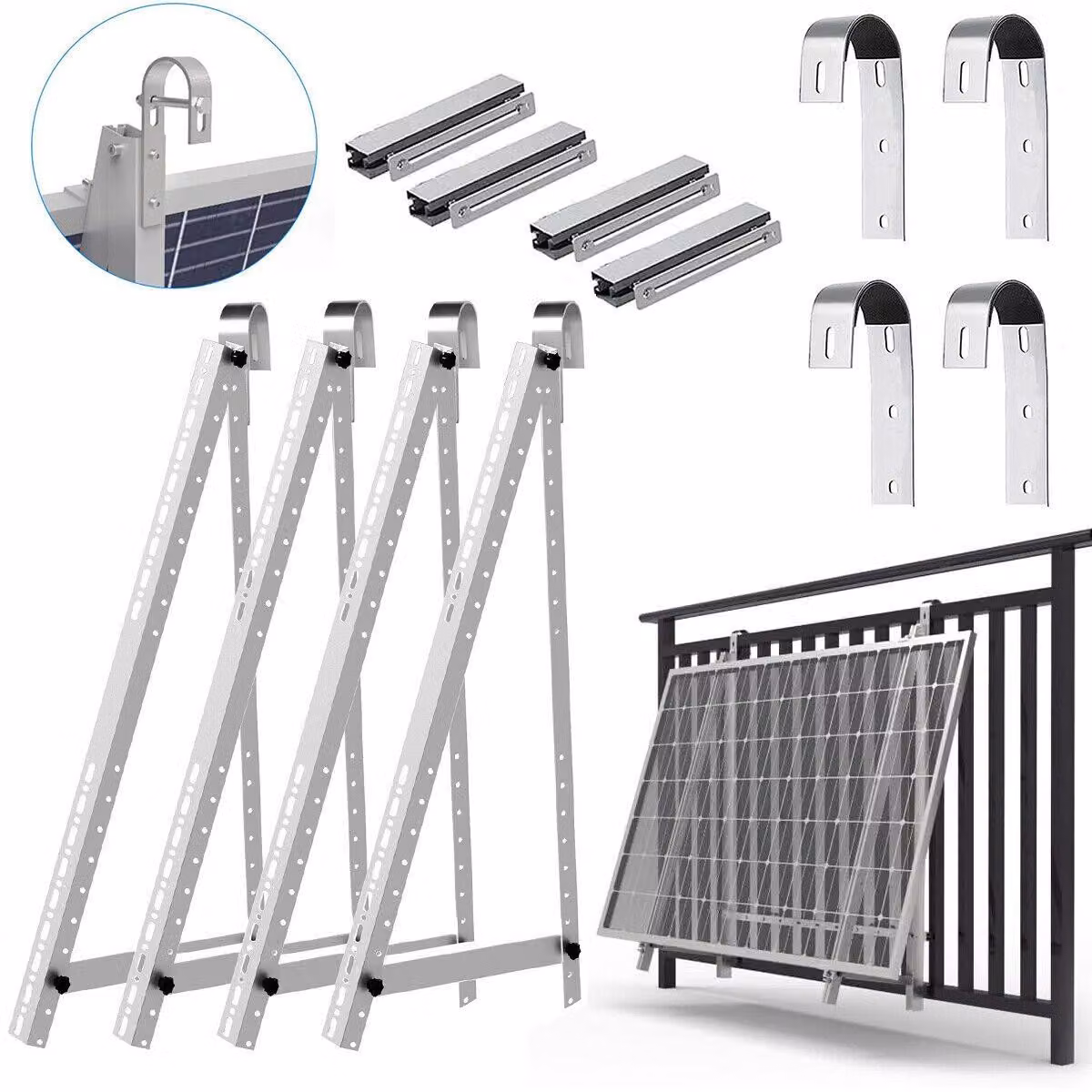 Supporto per impianto solare da balcone, 118 cm, per 2 pannelli solari. Supporto regolabile per pannelli fotovoltaici da installare su balconi, con angolo di inclinazione regolabile da 0° a 90°