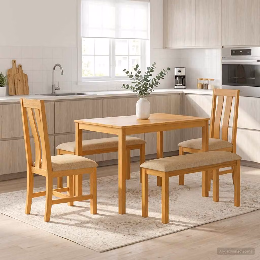Set da pranzo vidaXL in legno di quercia massello beige composto da 5 pezzi con tavolo rettangolare e panche