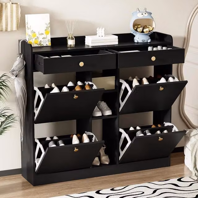 Armadio per scarpe elegante nero - Xylo - 110x26x100 cm - 4 ante, 2 cassetti, 3 scomparti aperti
