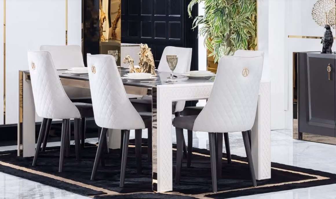 Set da pranzo imbottito in tessuto completo di design poltrona 6x sedie