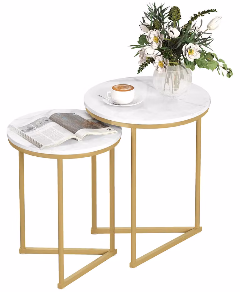 Set di tavolini laterali - Tavolino da caffè - Set da 2 pezzi - Design rotondo - Struttura in metallo - Gambe in acciaio dorato - Ideale per piccoli spazi