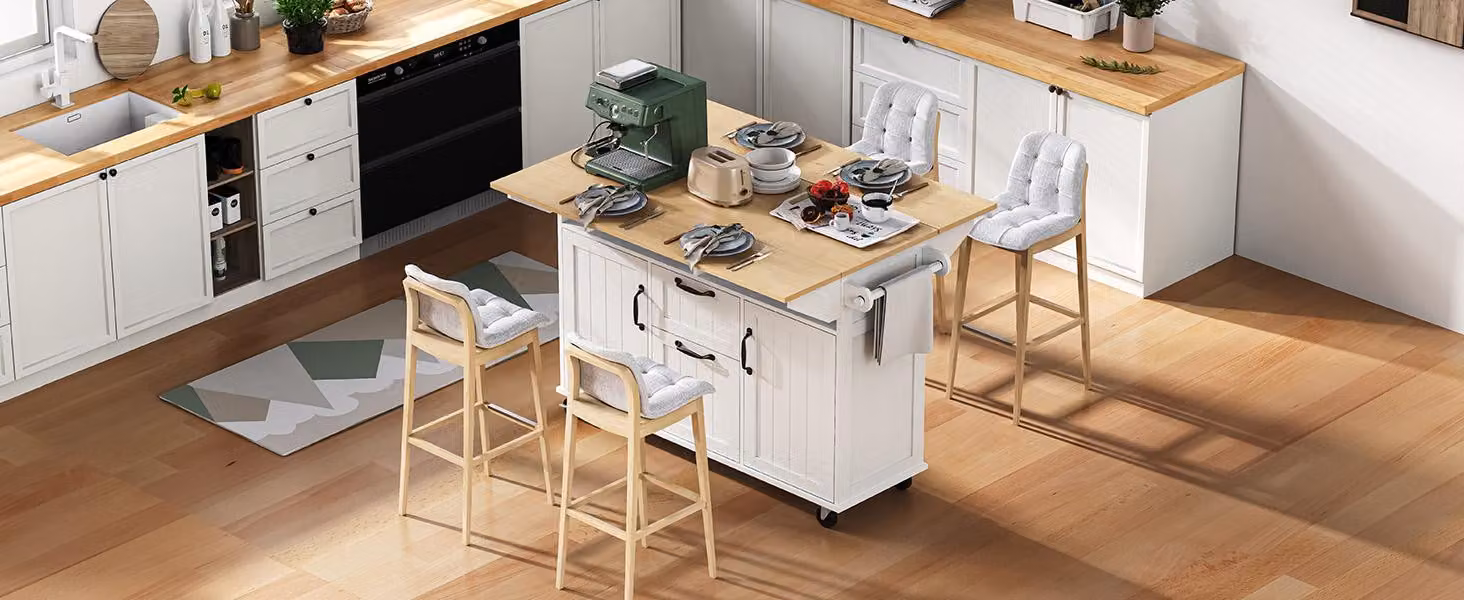 MODFU Isola da cucina multifunzionale con funzione di tavolo da pranzo, carrello da cucina con cassetti e porta asciugamani, carrello di servizio mobile con prese di corrente, bianco