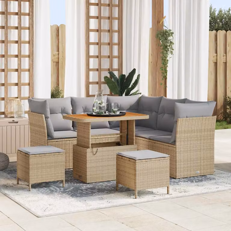 Set Divano da Giardino a L vidaXL 8 pz Beige con Cuscini e Tavolino in Polyrattan e Acciaio