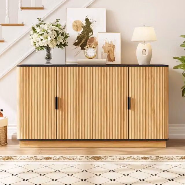 Credenza, mobile a quattro ante, mobile da ingresso, effetto legno, nero e color legno naturale