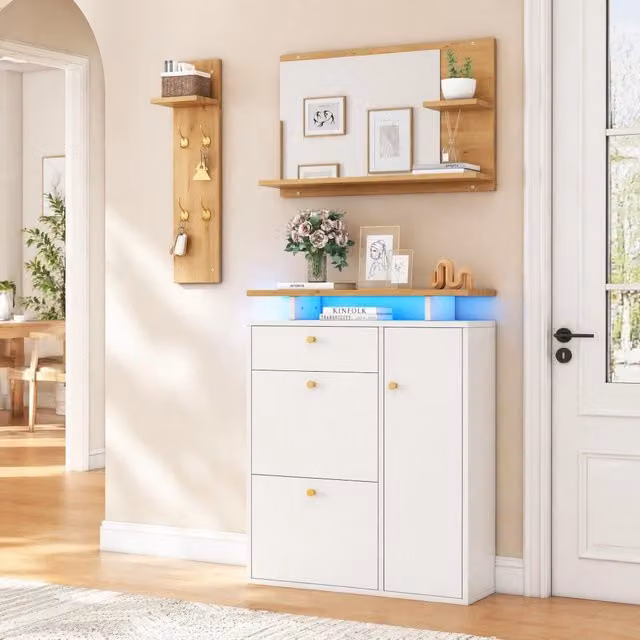 Set guardaroba da ingresso MODFU composto da 3 pezzi in bianco opaco con specchio, scarpiera con illuminazione LED e 4 ganci, L: 105 cm, P: 25 cm, H: 151,5 cm