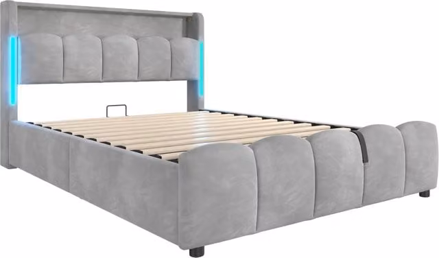 Letto contenitore matrimoniale in velluto grigio con LED, porte USB e Type-C e testiera con vano contenitore, L/P/H: 140 x 200 x 101 cm – 1