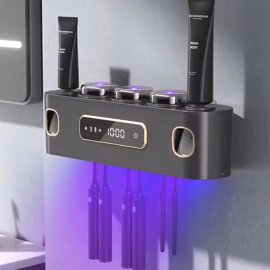 Oggetto per tenere il pennello da denti per UV sterilizzazione Dispensatore di parete per pasta di denti alimentato da energia solare + ricarica USB - Nero