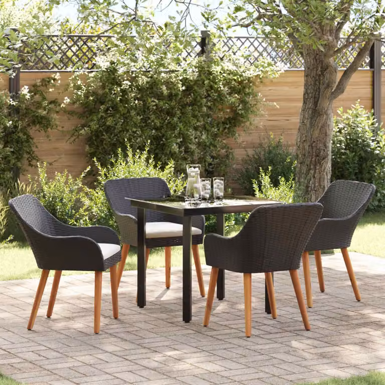 Set da pranzo per giardino e terrazza vidaXL in polyrattan nero con tavolo in vetro e 5 pezzi
