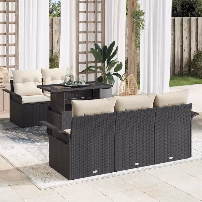 Set Divano da Giardino vidaXL 6 Pezzi in Polyrattan Nero con Cuscini Beige e Tavolino