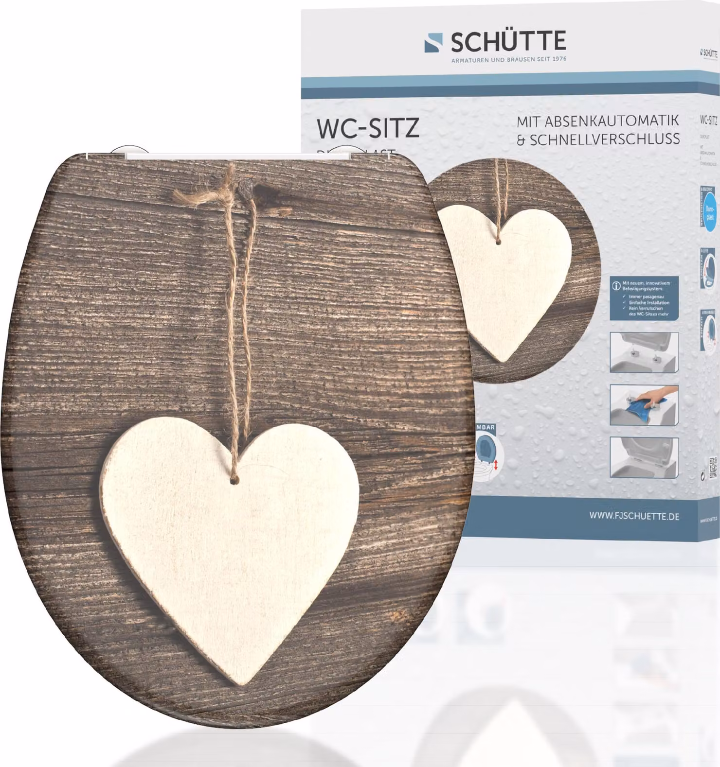 Sedile WC SCHÜTTE WOOD HEART, sedile WC in Duroplast con chiusura morbida e sgancio rapido, sedile WC, sedile WC