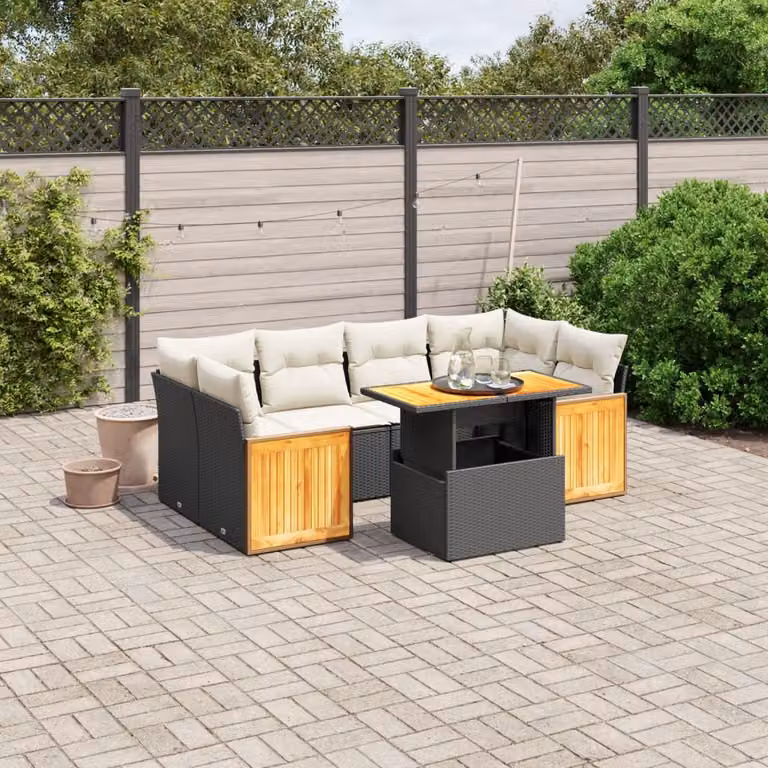Set di Divani da Giardino a L vidaXL in Polyrattan Nero con 7 Cuscini e Tavolino da Esterno