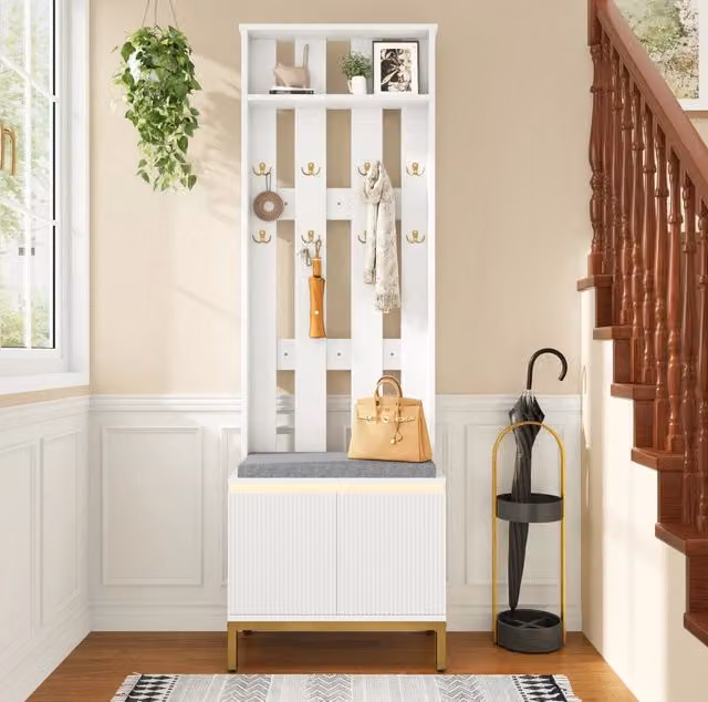 Garderoba ingresso multifunzione MODFU con panca, scarpiera e illuminazione LED, bianco opaco e oro, L: 60 cm, P: 35,5 cm, H: 191,5 cm