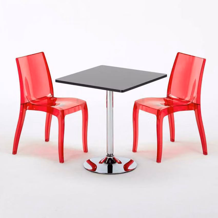 Tavolo quadrato nero e 2 sedie colorate trasparenti Grand Soleil Cristal Light Platinum - Rosso trasparente