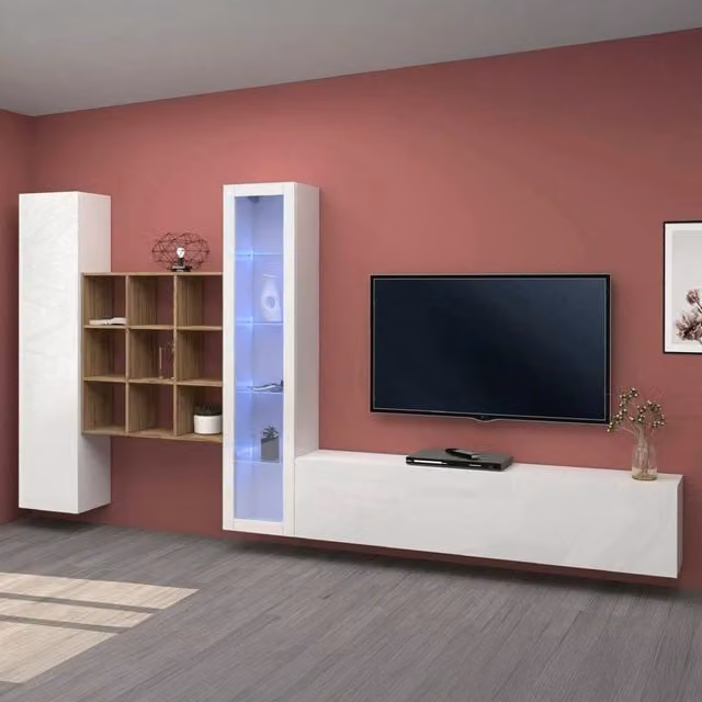 Parete Attrezzata Mobile Soggiorno Arizzano DMORA Bianco Lucido L: 310 cm, P: 30 cm, H: 180 cm – 1