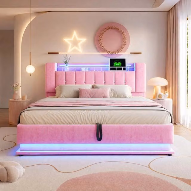Letto imbottito 180x200 cm rosa in velluto con LED e contenitore idraulico