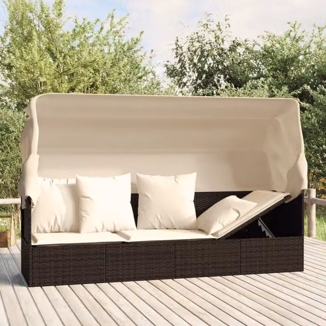 Lettino prendisole da esterno vidaXL in polyrattan marrone e bianco con tendalino e cuscini in tessuto resistente ai raggi UV