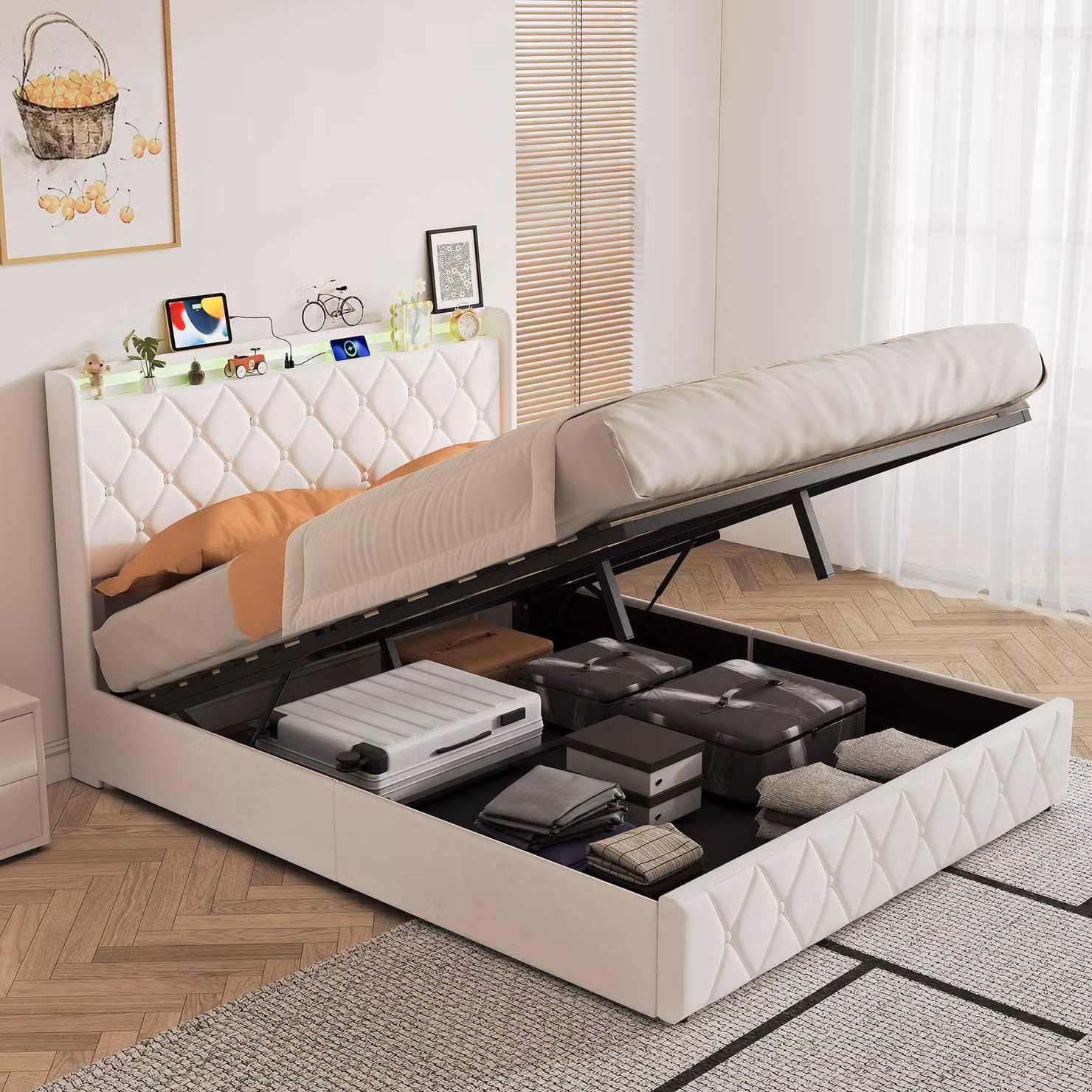 Letto imbottito 160x200 cm con contenitore, luci LED RGB, porta USB-C, sistema di sollevamento idraulico, spazio contenitivo, testiera imbottita, letto matrimoniale color beige