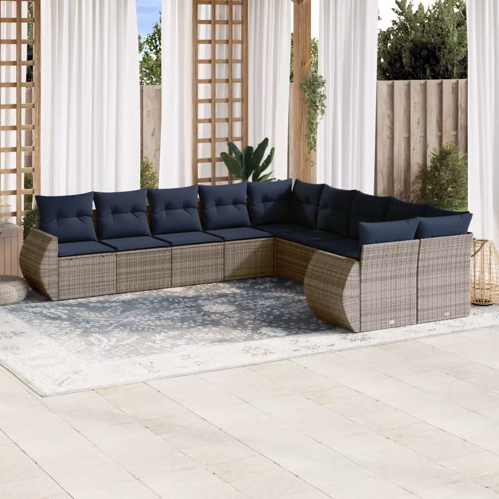 Set di divani da giardino vidaXL in polyrattan grigio con cuscini, design moderno a forma di U per esterno