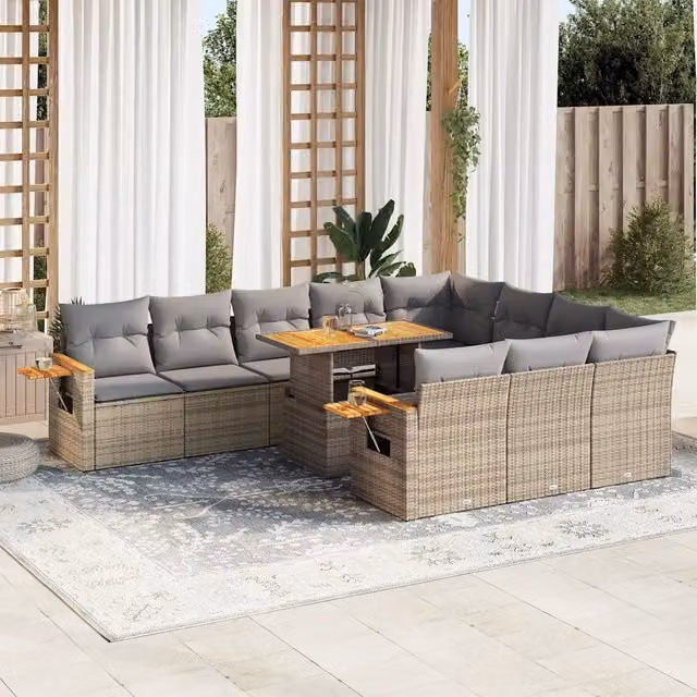 Set di divani da giardino vidaXL in legno di acacia oliato e polyrattan con 11 pezzi e cuscini beige e grigi