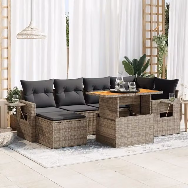 Set Divani da Giardino 7 pz con Cuscini Grigio in Polyrattan 3327175