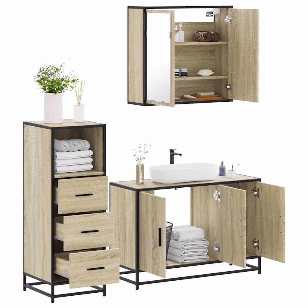 Set di mobili da bagno 3 pezzi vidaXL in stile industriale color rovere con armadietto specchio, mobile lavabo e mobile laterale