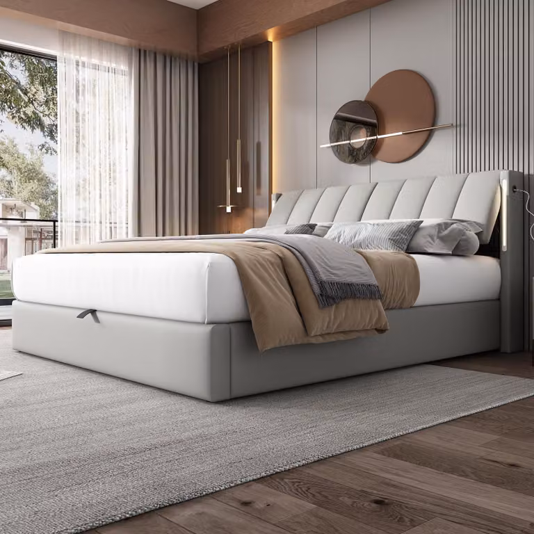 Letto imbottito STILVORA 140x200 cm, letto con contenitore idraulico e testiera regolabile, letto per ragazzi con illuminazione a LED e contenitore, grigio (senza materasso)