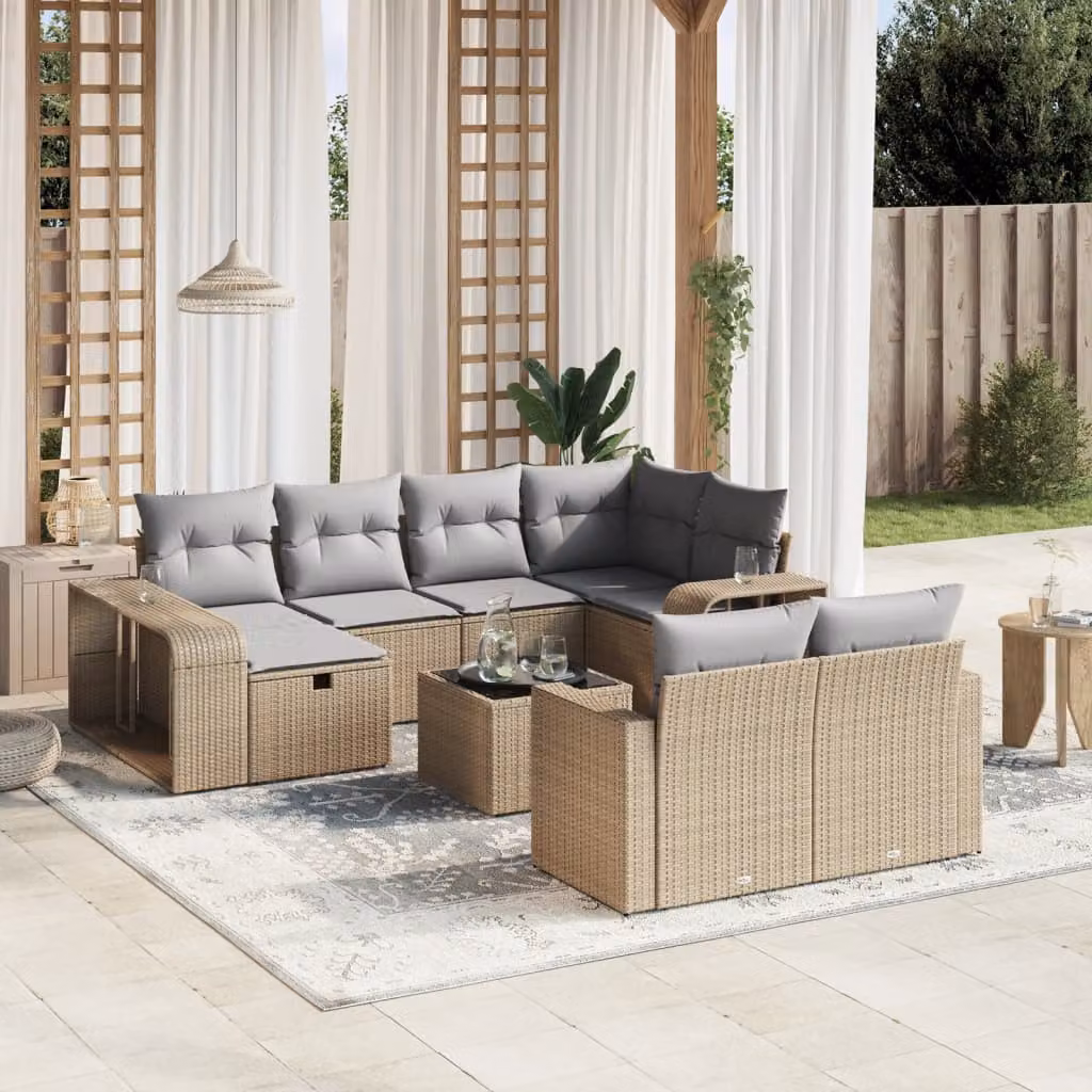 Set di divani da giardino vidaXL 11 pz a forma di U con cuscini beige e tavolino in vetro e struttura in metallo e rattan – 1