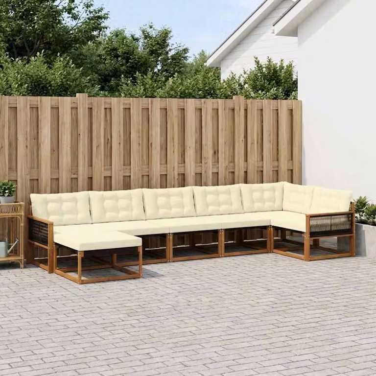 Set di divani da esterno vidaXL 7 pz in legno di acacia con cuscini beige e bianchi, design moderno a L con elementi angolari e pouf