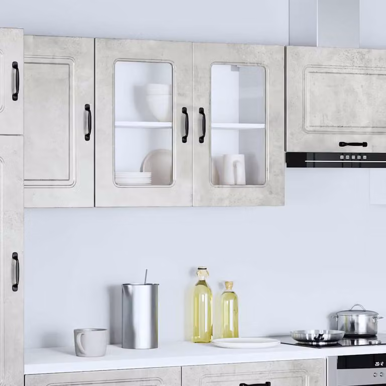 Pensile da cucina moderno vidaXL Kalmar con ante in vetro, Grigio Cemento, L: 80 cm, H: 60 cm, P: 31 cm