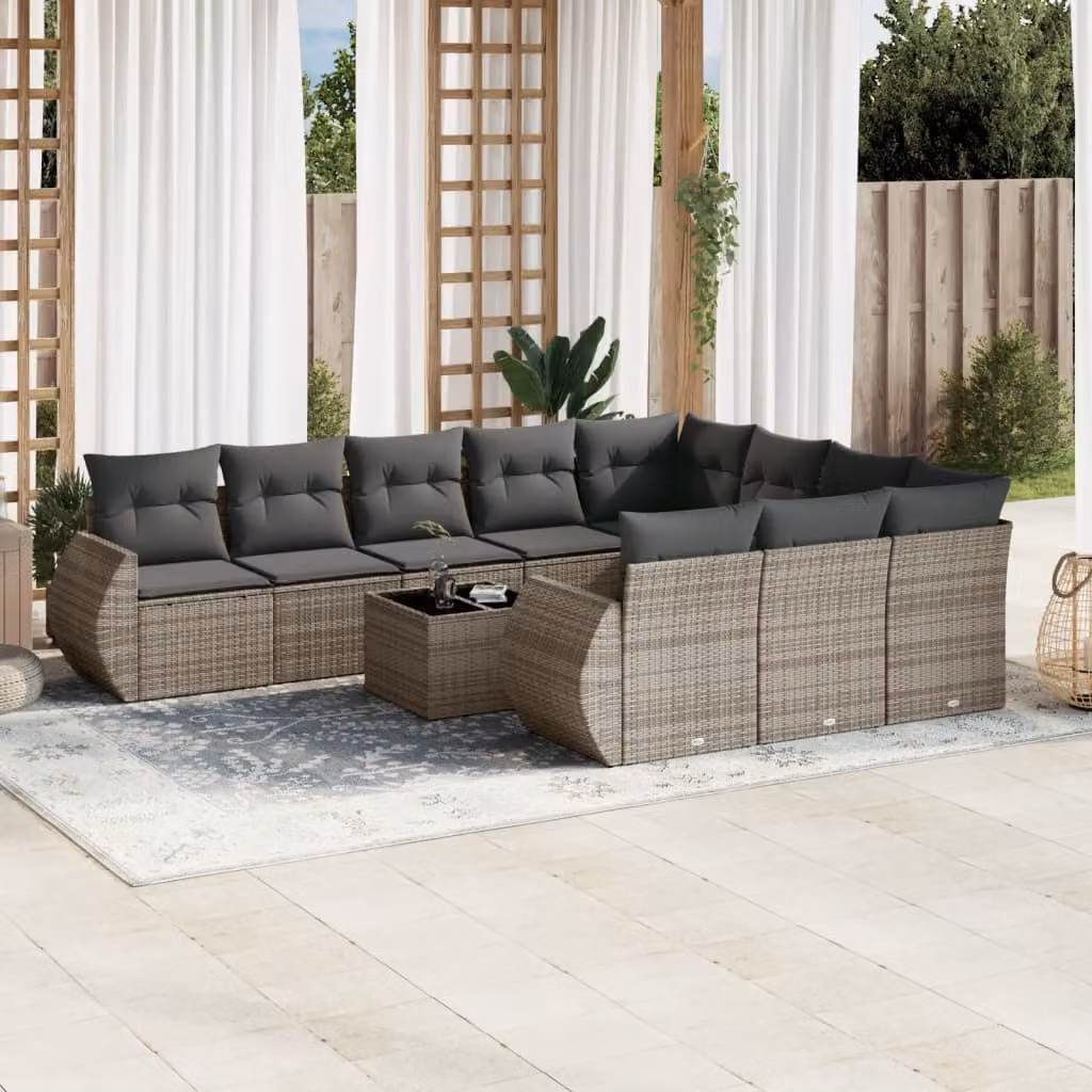 vidaXL Set Divani da Giardino 11 pz in Polyrattan Grigio con Cuscini e Tavolino da Caffè – 1