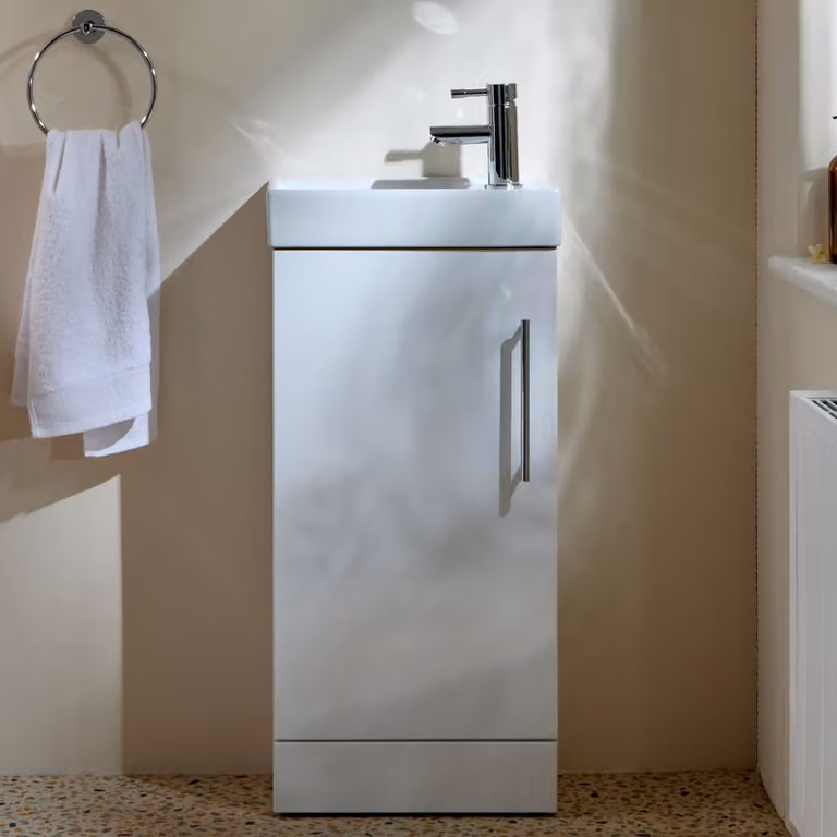 Mobile Bagno a Terra Bianco da 400mm con Lavabo e Maniglia con Barra a T Cromata - Cluo