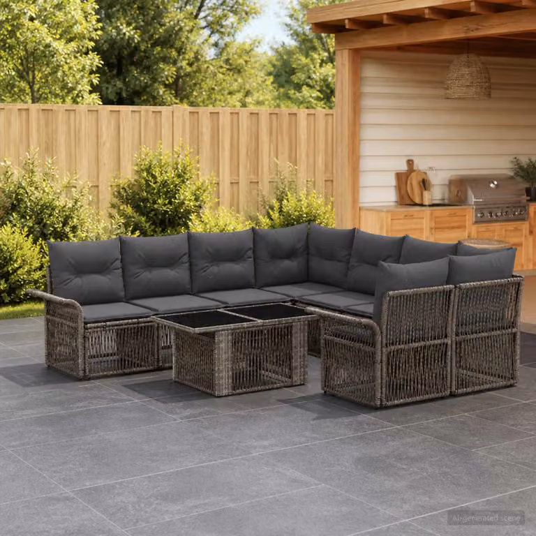 Set Divano da Giardino vidaXL 9 pz a forma di U in Polyrattan Grigio e Antracite con Cuscini e Tavolino da Caffè