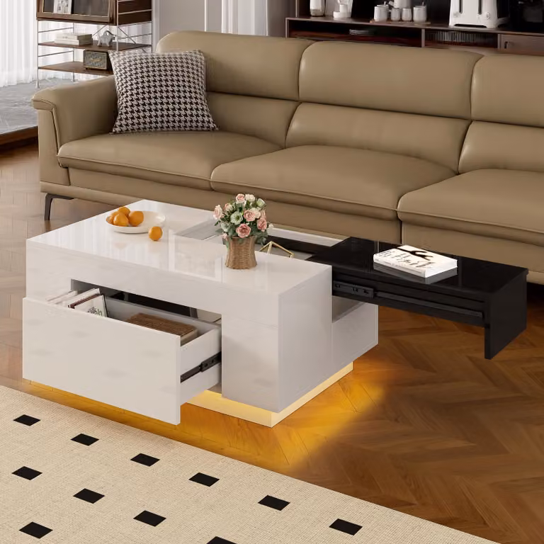 okwish Tavolino da caffè Colorblock ad alta lucentezza, Tavolino da caffè con illuminazione a LED a 16 colori e piano estraibile, Tavolo da soggiorno con contenitore nascosto, bianco