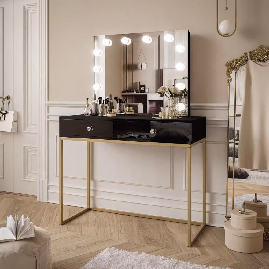 Tavolo da trucco BLANCO GOLD ELITE con specchio e illuminazione Oro opaco / Bianco lucido con maniglia in cristallo