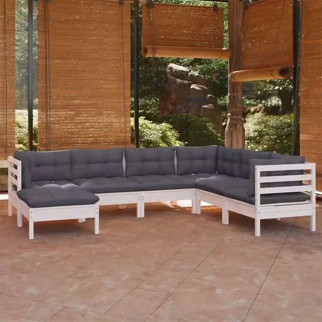 Set Divani da Giardino 7 pz con Cuscini Bianchi Legno di Pino 3096563