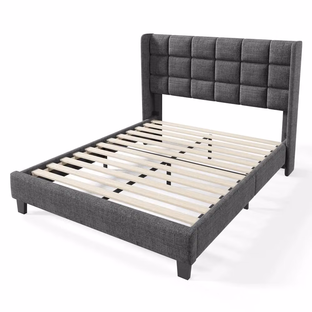 Letto imbottito Minimal con testiera e rete a doghe in tessuto grigio L/P/H: 140 x 200 x 208 cm – 2
