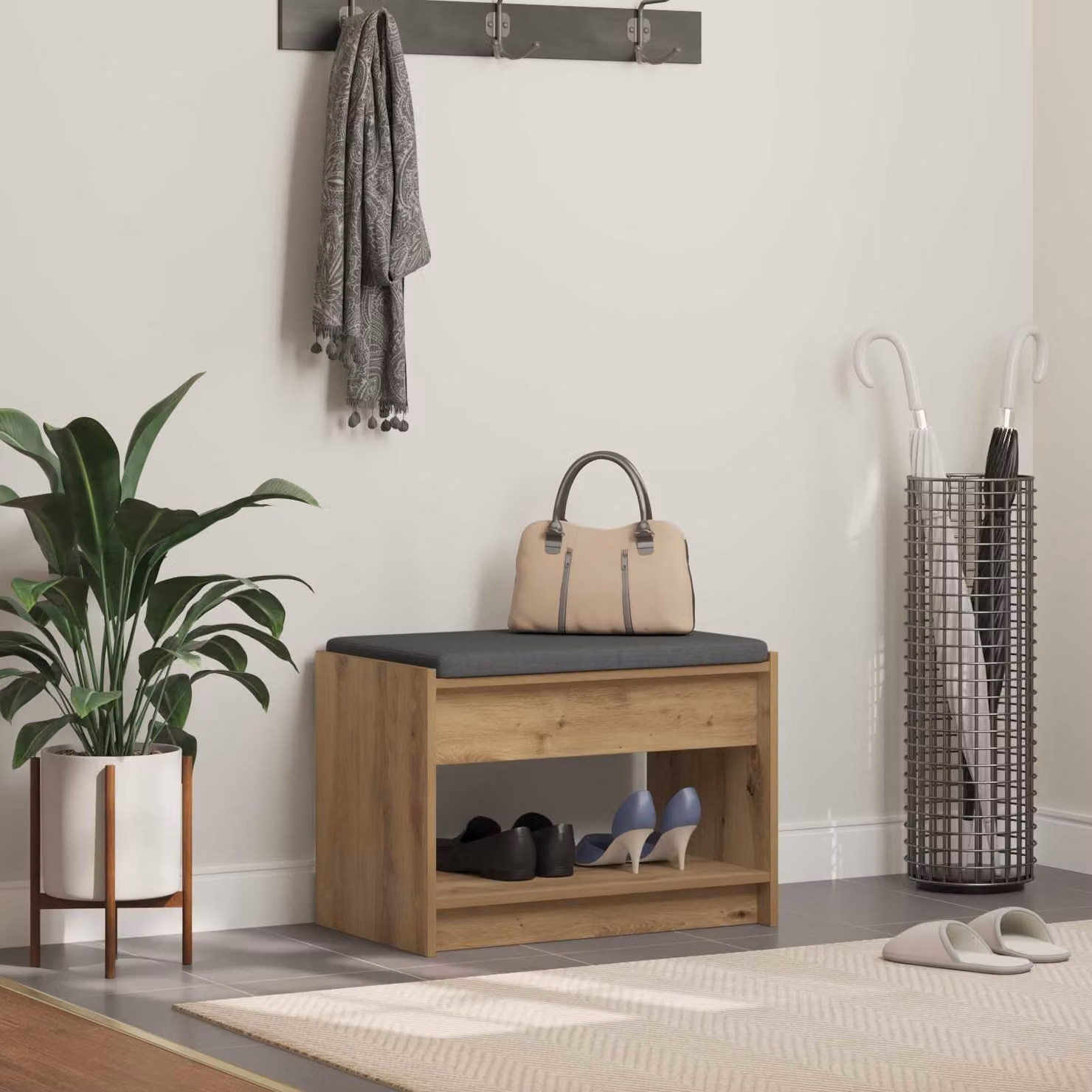 Panca porta scarpe moderna vidaXL in legno color rovere marrone L: 63 cm, P: 38 cm, H: 45 cm