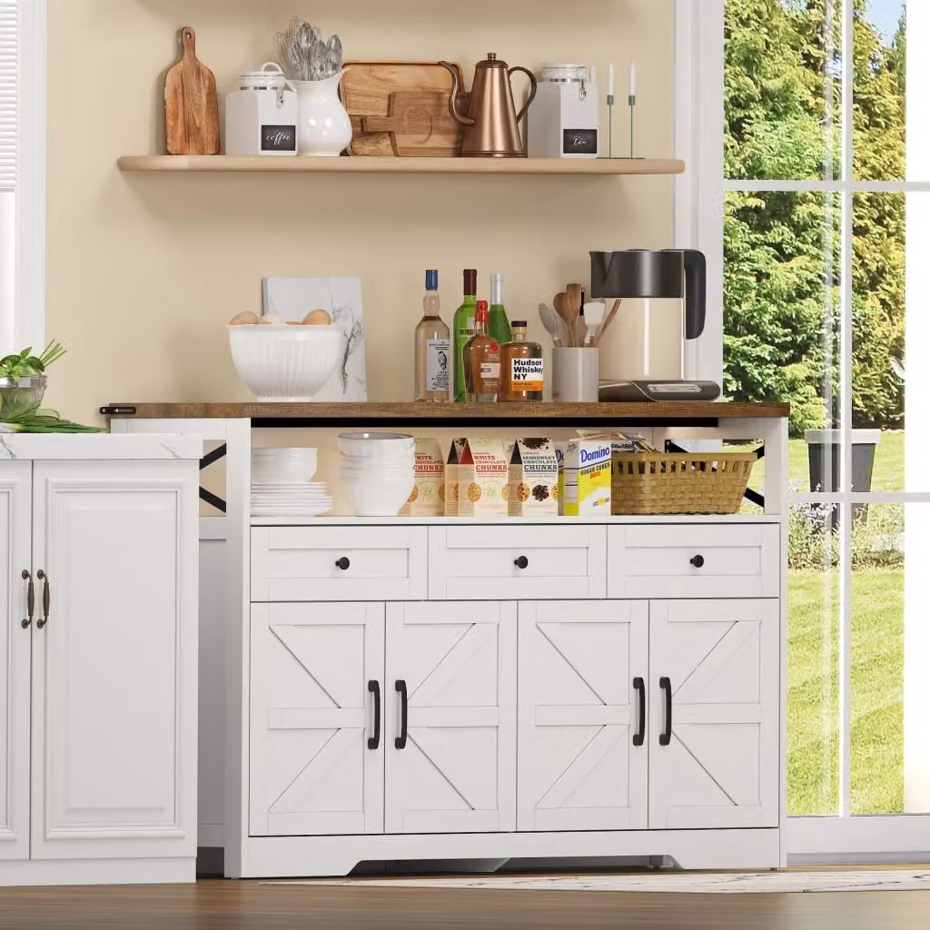 Credenza in stile rustico con 3 cassetti, 2 ante e vani aperti per soggiorno e cucina, marrone e bianco, L: 140 cm, P: 35 cm, H: 95 cm – 2