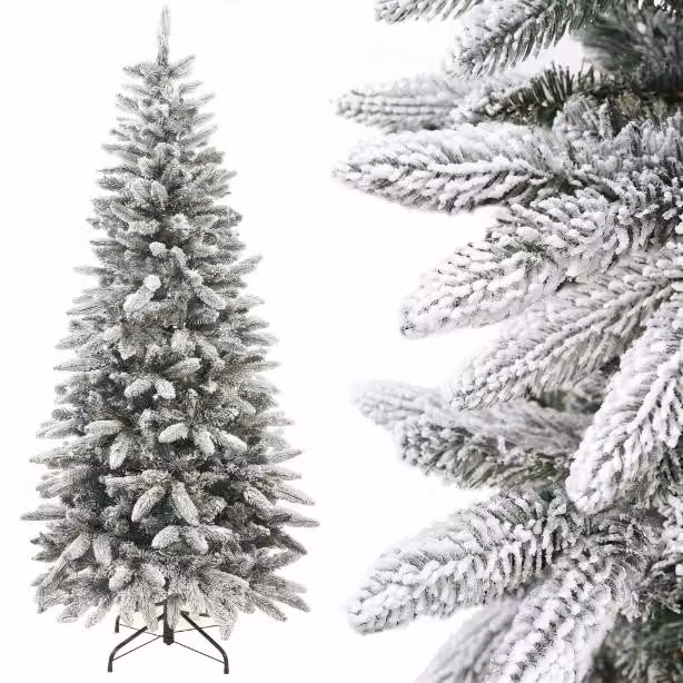 Albero di Natale artificiale con neve, effetto innevato, decorazioni natalizie, stile invernale, con base, altezza 180 cm