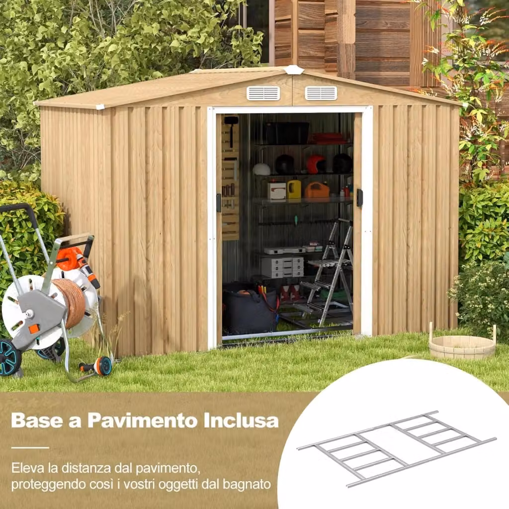 Capanno da Giardino Costway in Acciaio Zincato con Porte Scorrevoli e Sfoghi Laterali, Colore Marrone e Beige, L: 259 cm, P: 196 cm, H: 184 cm – 2