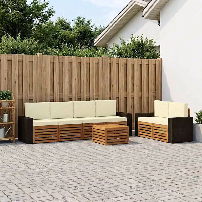 vidaXL Set di divani da esterno moderno a L composto da 7 pezzi in legno di acacia con cuscini in beige, bianco e marrone