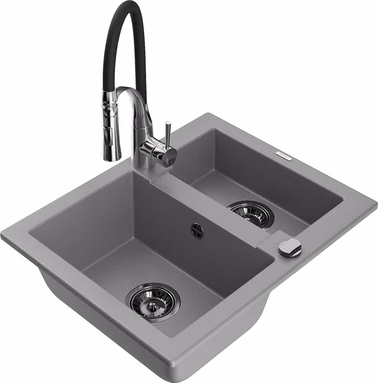 Mexen Carlos lavello in granito 1,5 vasca con rubinetto da cucina Aster, grigio - 6518-71-73450-07-B