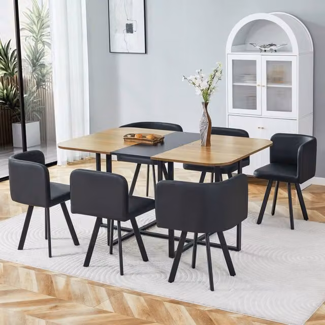 Set da pranzo estensibile con sedie in MDF; metallo e PU; nero e naturale