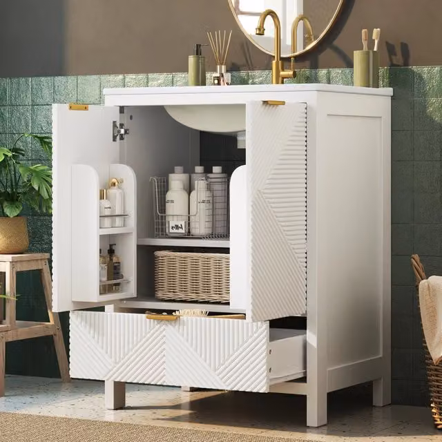 Mobile bagno con lavabo in ceramica, 2 ante ammortizzate, cassetto e ripiani per bagno, mdf bianco, 61×47×87 cm