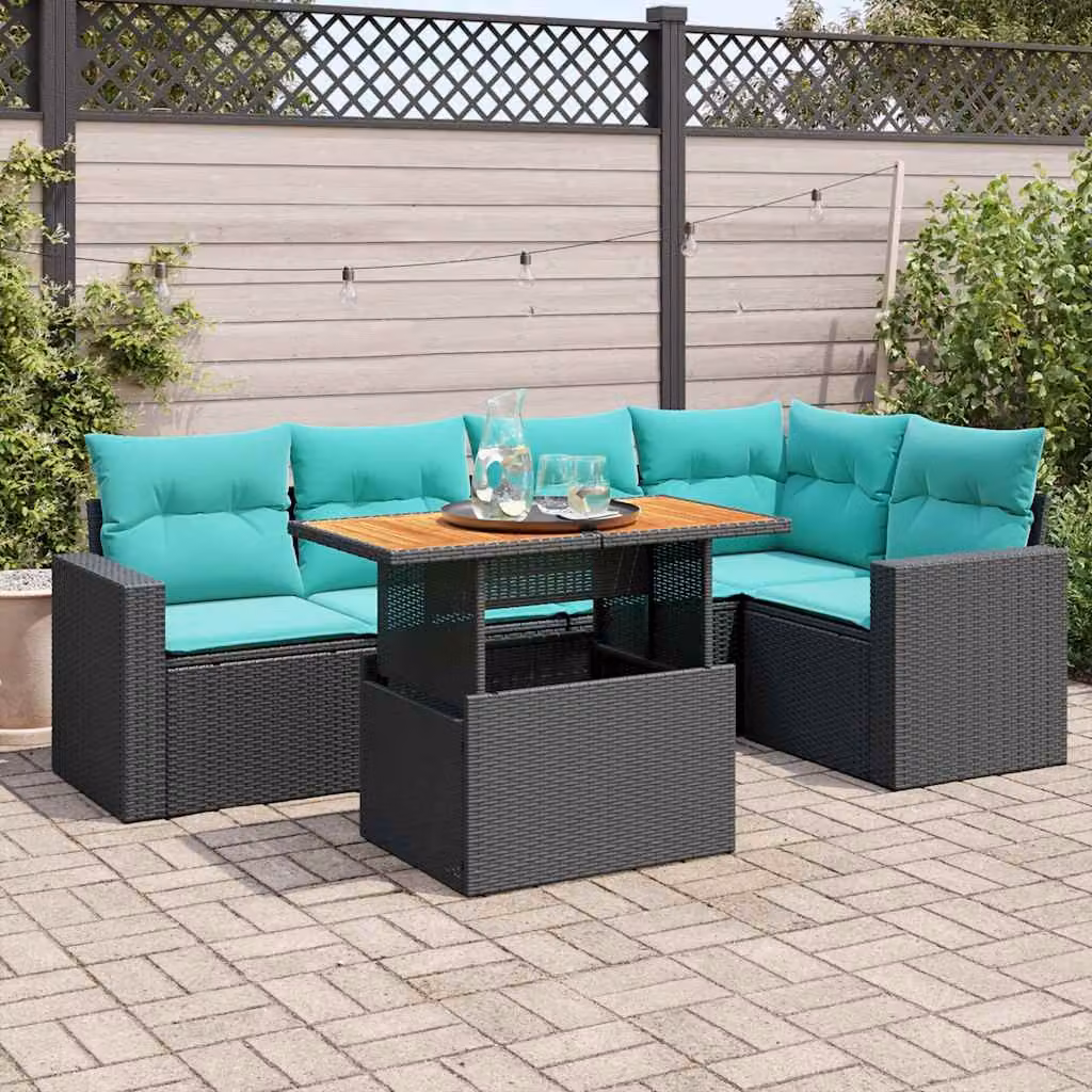 Set Divano da Giardino a L vidaXL in Polyrattan 6 Pezzi con Cuscini e Tavolino, Nero e Blu