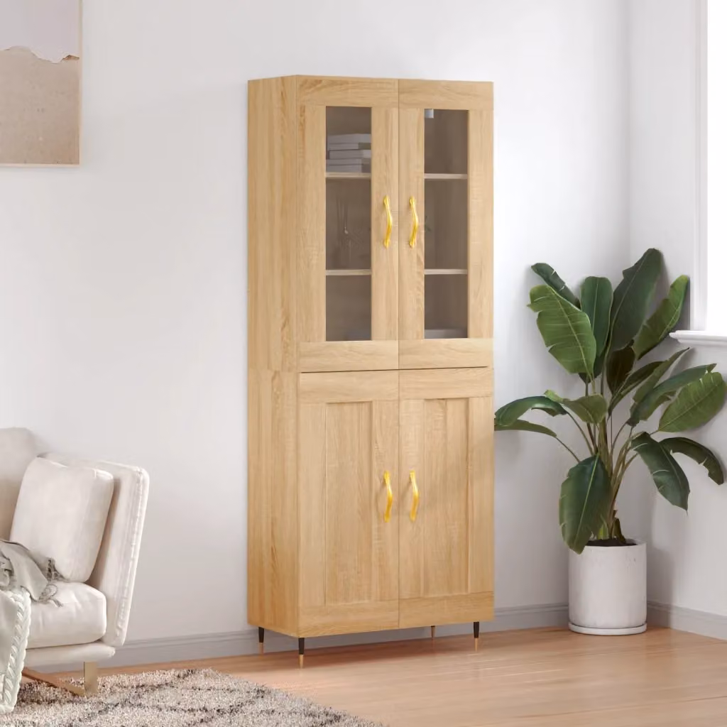 Credenza moderna vidaXL in legno e vetro color rovere, L: 69,5 cm, P: 34 cm, H: 180 cm