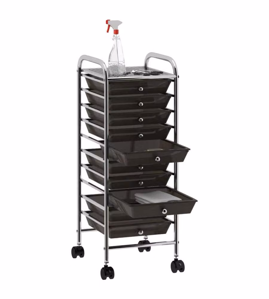 Carrello Portaoggetti Mobile con 10 Cassetti Nero in Plastica