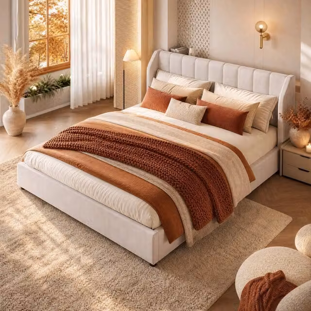 Letto matrimoniale imbottito 180x200 cm beige con rete a doghe