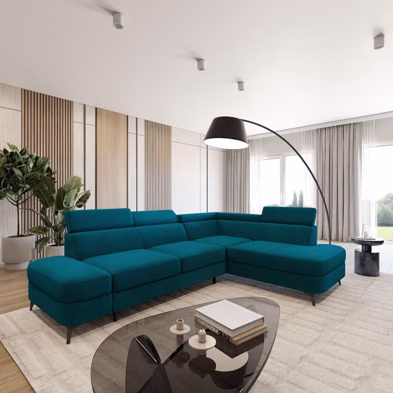 Divano ad angolo Masseno AVISE MV R-S con funzione letto a L, divano con contenitore, divano da salotto, divano, divano letto, set divani - Blu, MATT VELVET 77