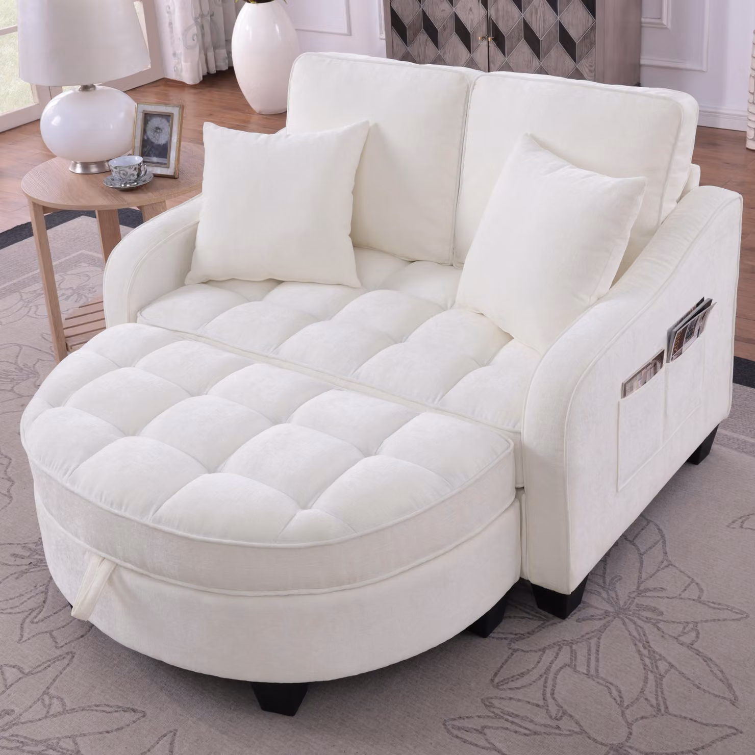 Sweiko Divano multifunzionale, divano letto 2 in 1, sgabello portaoggetti, tessuto traspirante delicato sulla pelle, legno di eucalipto ecologico, piccolo soggiorno, sala studio, camera da letto, beige